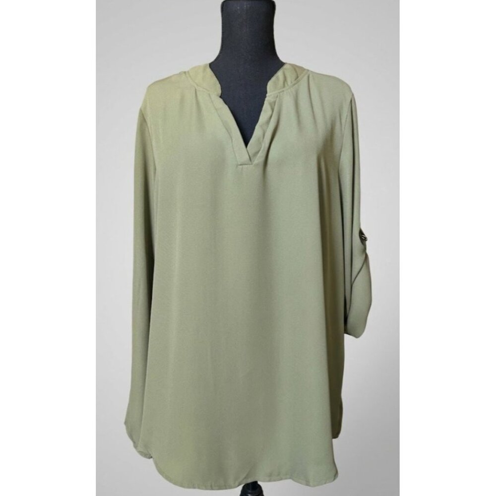 Roswear Women’s V-Neck Roll-Sleeve Blouse XXL Army Green - D-Ring Utility Top